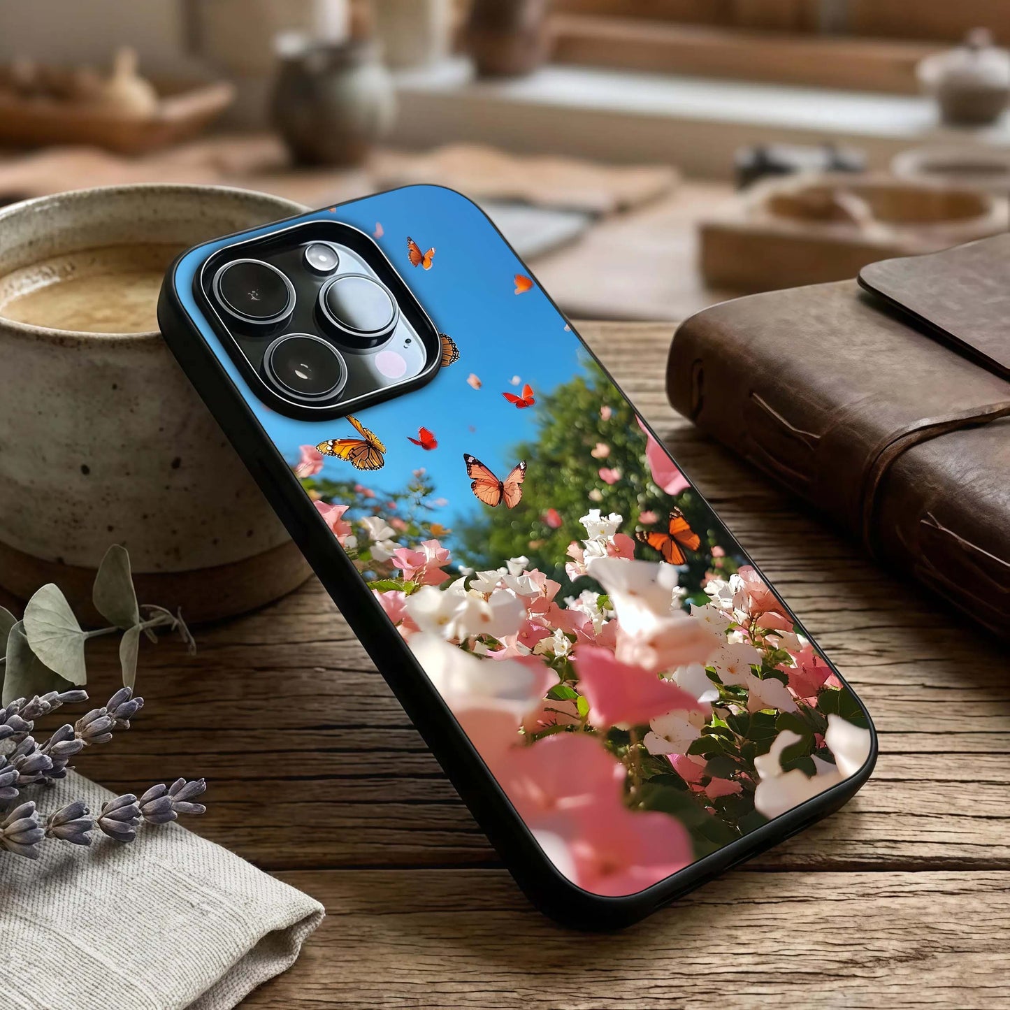 Butterflies in Bloom Sky Glass Case captured at a warm angle highlighting soft sky tones, gloss, and edge clarity.