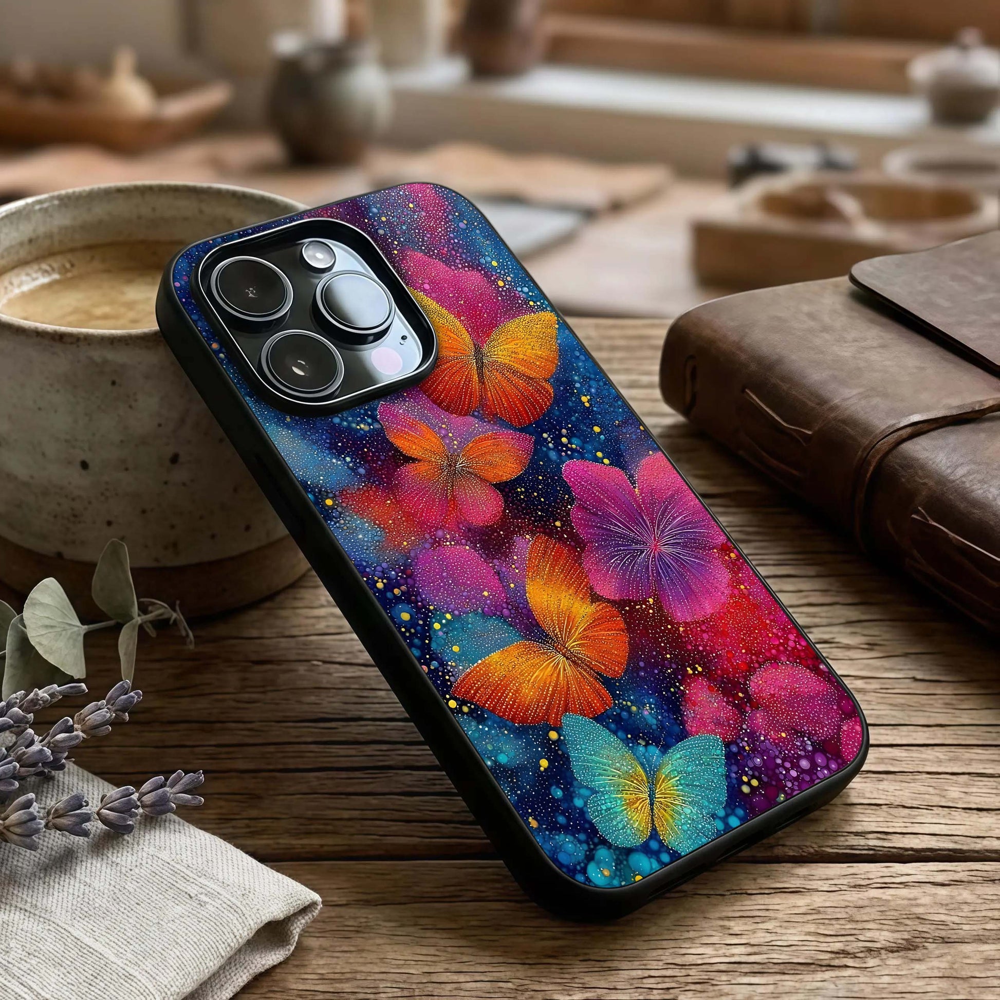 Butterfly Dream Mist Glass Case captured at a warm angle highlighting hazy textures, gloss, and edge clarity.