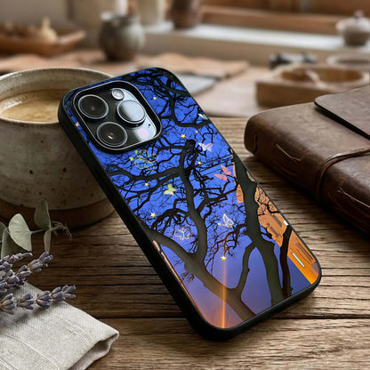 Butterfly Night Magic Glass Case captured at a warm angle highlighting dark hues, gloss, and edge clarity.