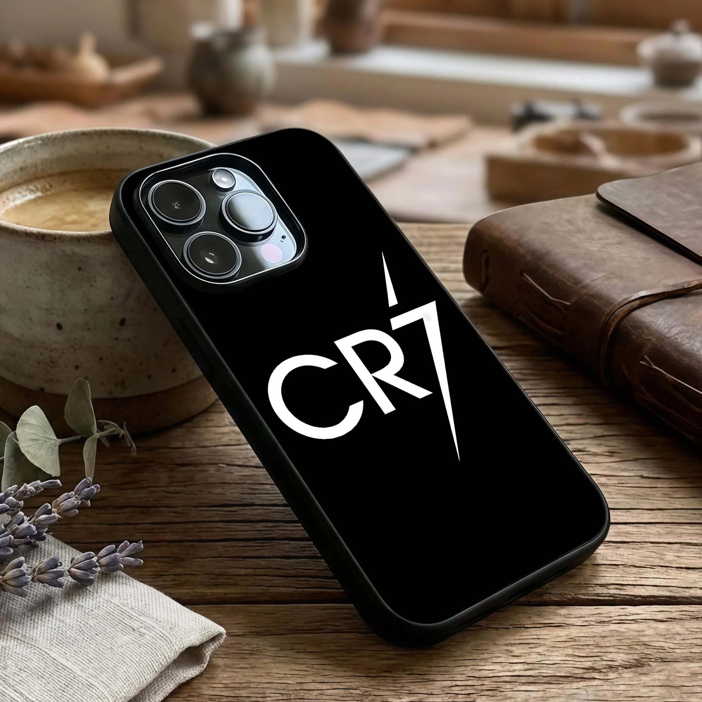 CR7 Elite Strike Glass Case captured at a warm angle highlighting dynamic lines, gloss, and edge clarity.