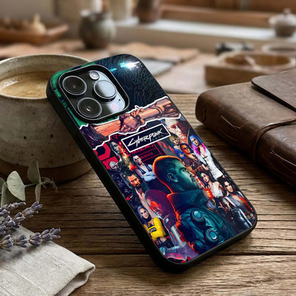 Cyberpunk Legacy Glass Case captured at a warm angle highlighting neon accents, gloss, and edge clarity.