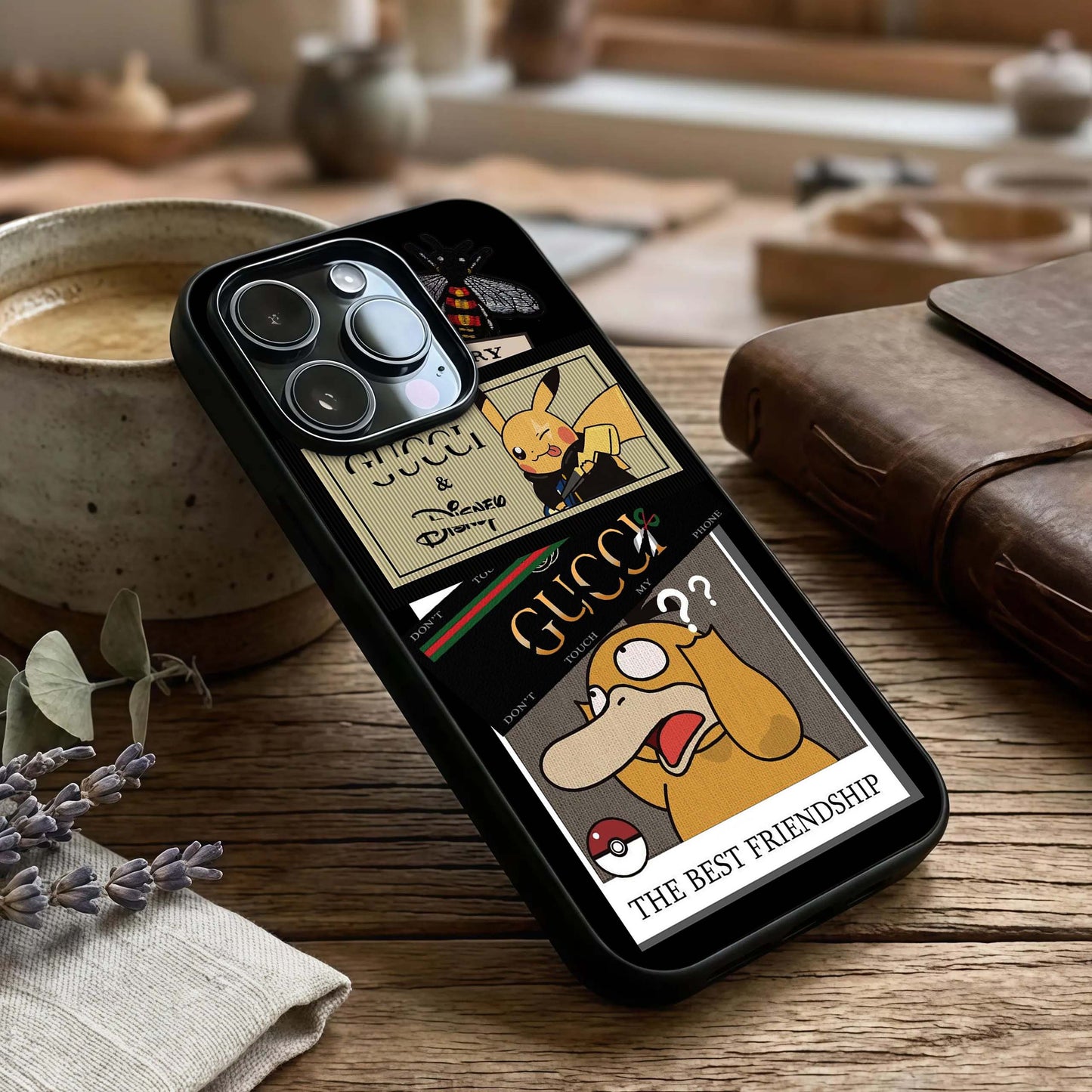 Cartoon Brand Play Mashup Glass Case captured at a warm angle highlighting graphic layers, gloss, and edge clarity.