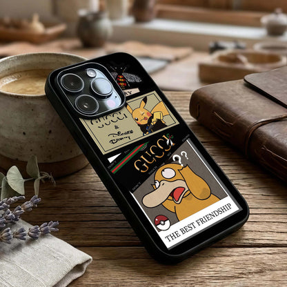Cartoon Brand Play Mashup Glass Case captured at a warm angle highlighting graphic layers, gloss, and edge clarity.
