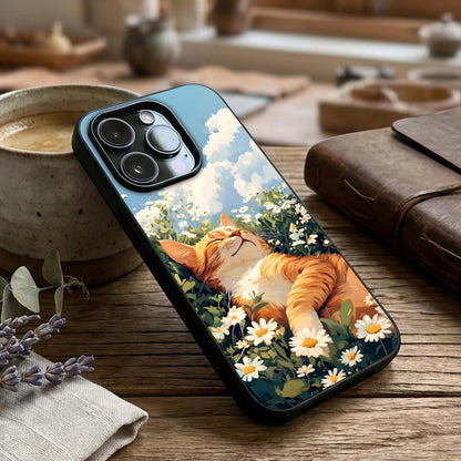 Cat & Flowers View Glass Case captured at a warm angle highlighting soft details, gloss, and edge clarity.