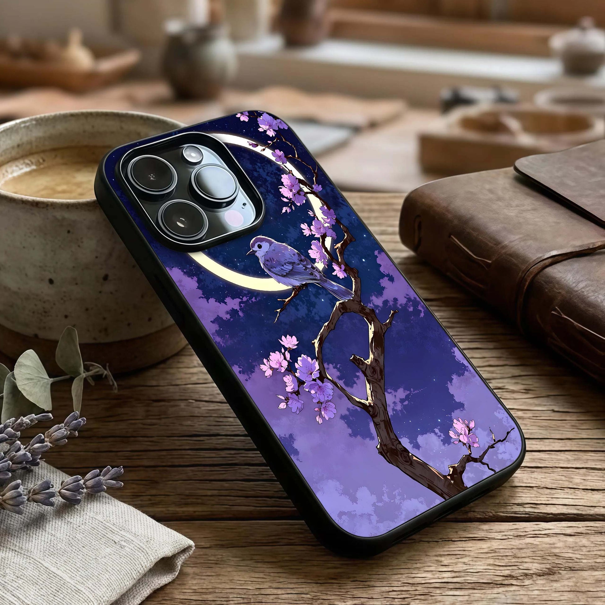 Celestial Bird Blossom Glass Case captured at a warm angle highlighting luminous accents, gloss, and edge clarity.