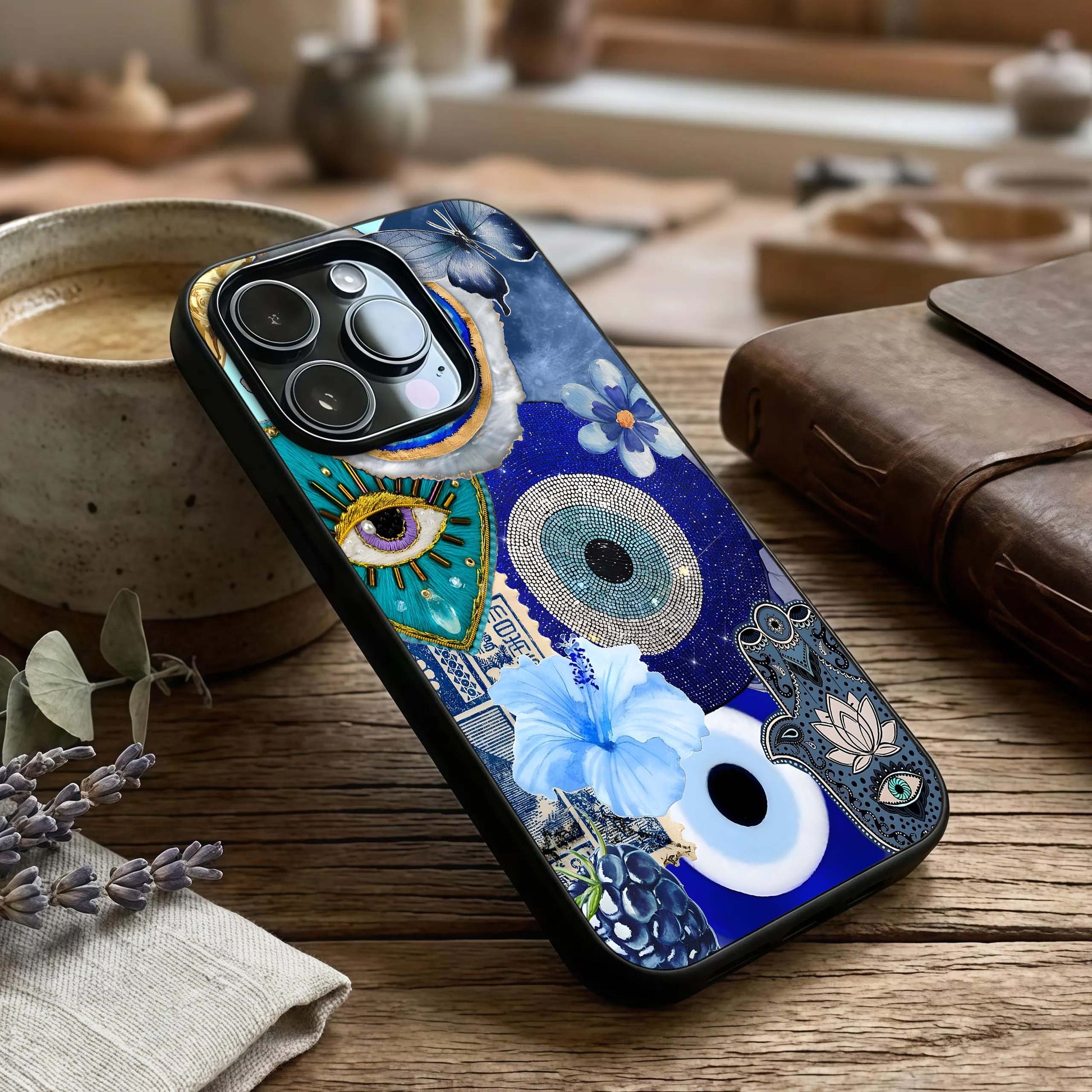 Celestial Blue Vision Glass Case captured at a warm angle highlighting deep hues, gloss, and edge clarity.