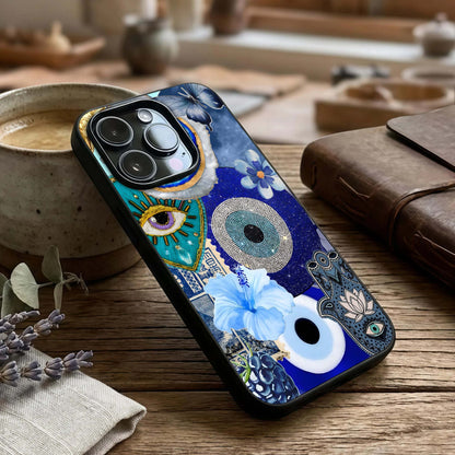 Celestial Blue Vision Glass Case captured at a warm angle highlighting deep hues, gloss, and edge clarity.