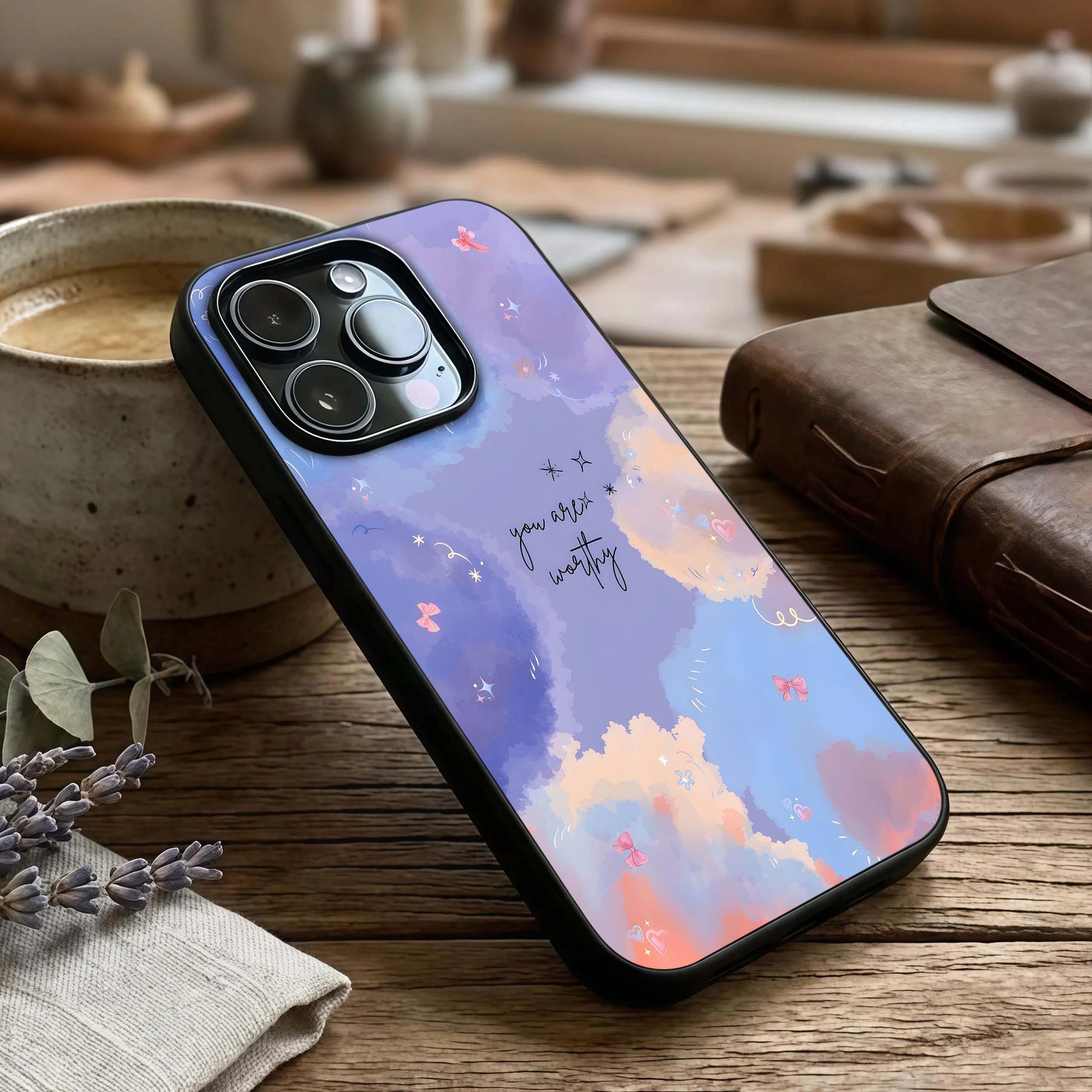 Celestial Cloud Magic Glass Case captured at a warm angle highlighting soft clouds, gloss, and edge clarity.