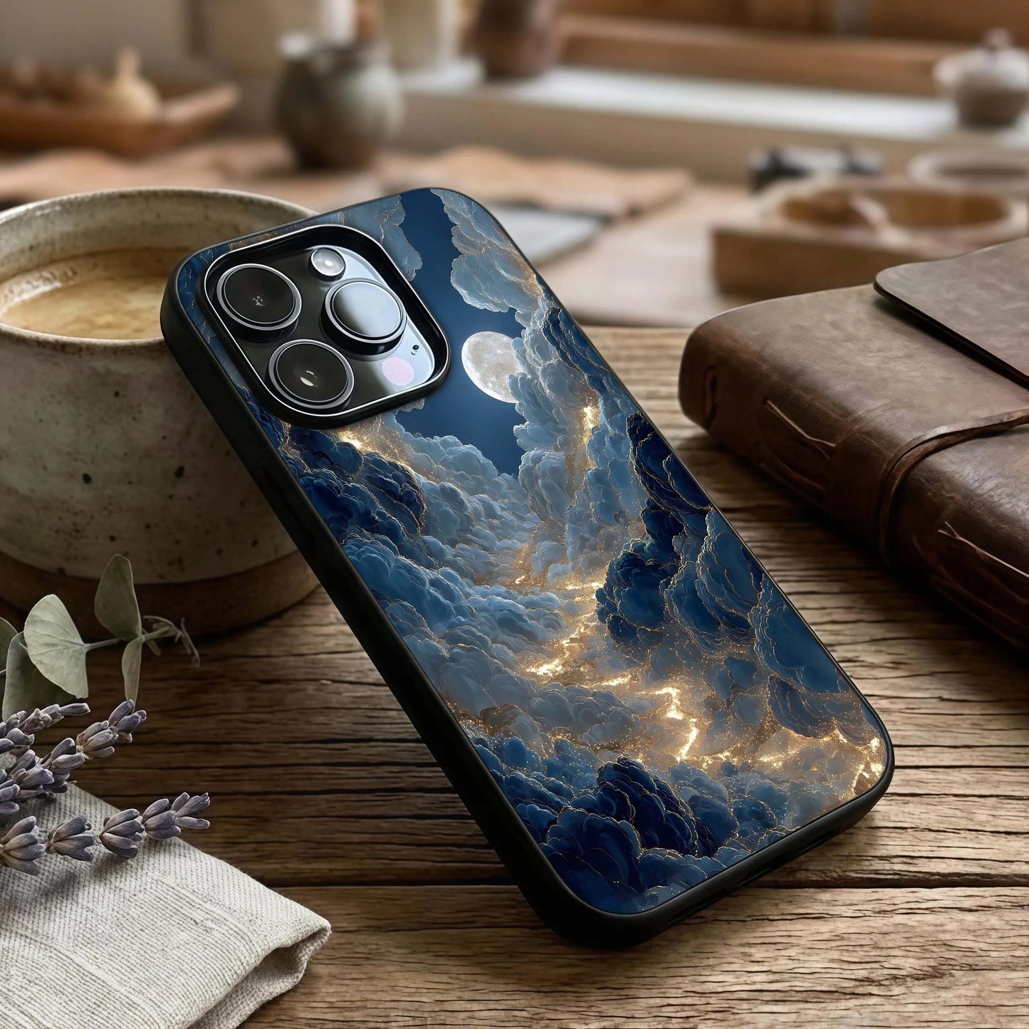 Celestial Cloud Road Glass Case captured at a warm angle highlighting layered clouds, gloss, and edge clarity.