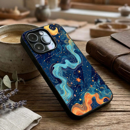 Celestial Dream Flow Glass Case captured at a warm angle highlighting smooth motion, gloss, and edge clarity.