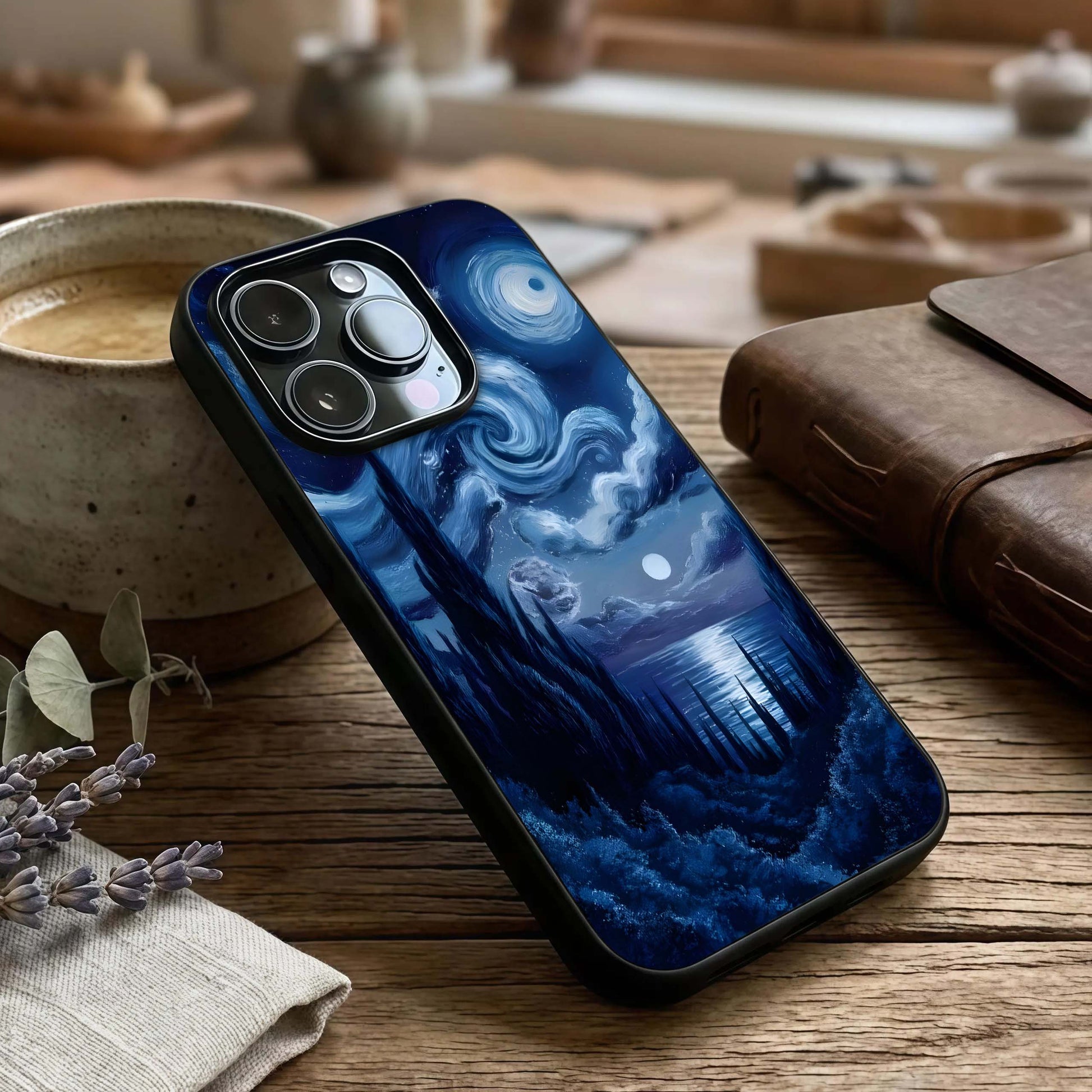 Celestial Dream Van Gogh Glass Case captured at a warm angle highlighting painted motion, gloss, and edge clarity.