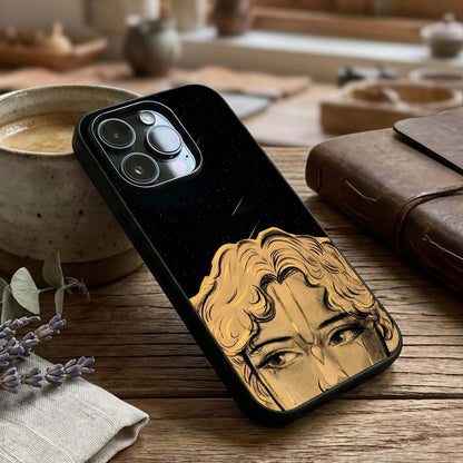 Celestial God's Plan Glass Case captured at a warm angle highlighting symbolic details, gloss, and edge clarity.