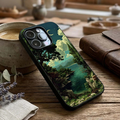 Celestial Lake Peace Glass Case captured at a warm angle highlighting serene tones, gloss, and edge clarity.