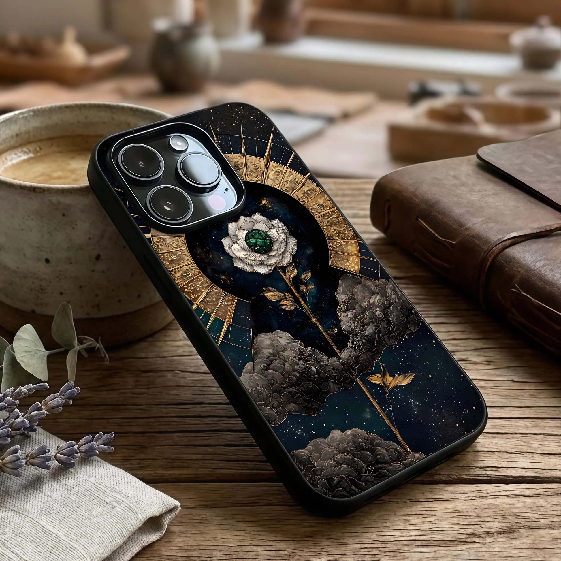 Celestial Lotus Morang Glass Case captured at a warm angle highlighting sacred petals, gloss, and edge clarity.