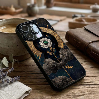 Celestial Lotus Morang Glass Case captured at a warm angle highlighting sacred petals, gloss, and edge clarity.
