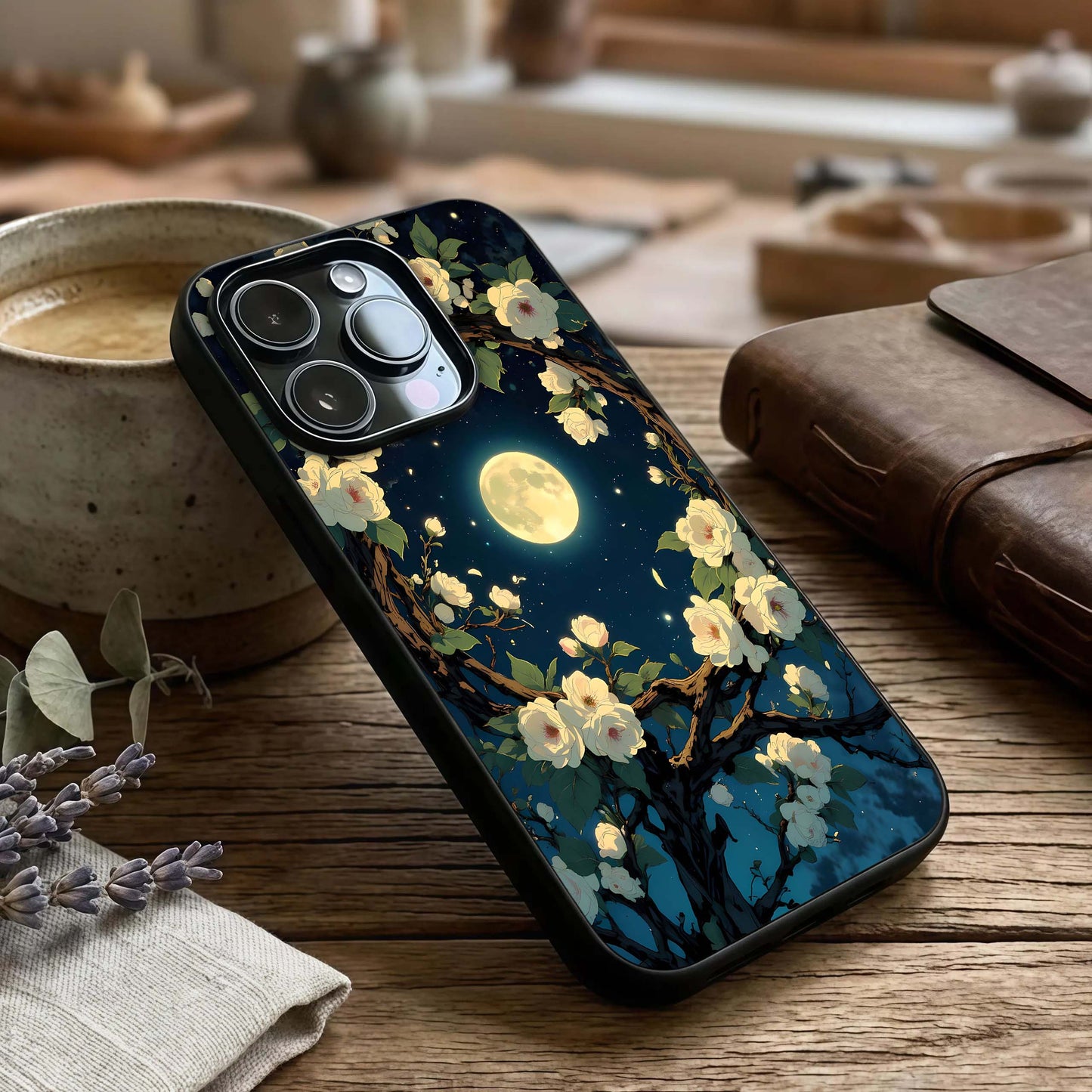 Celestial Moon & Flower Glass Case captured at a warm angle highlighting soft contrasts, gloss, and edge clarity.