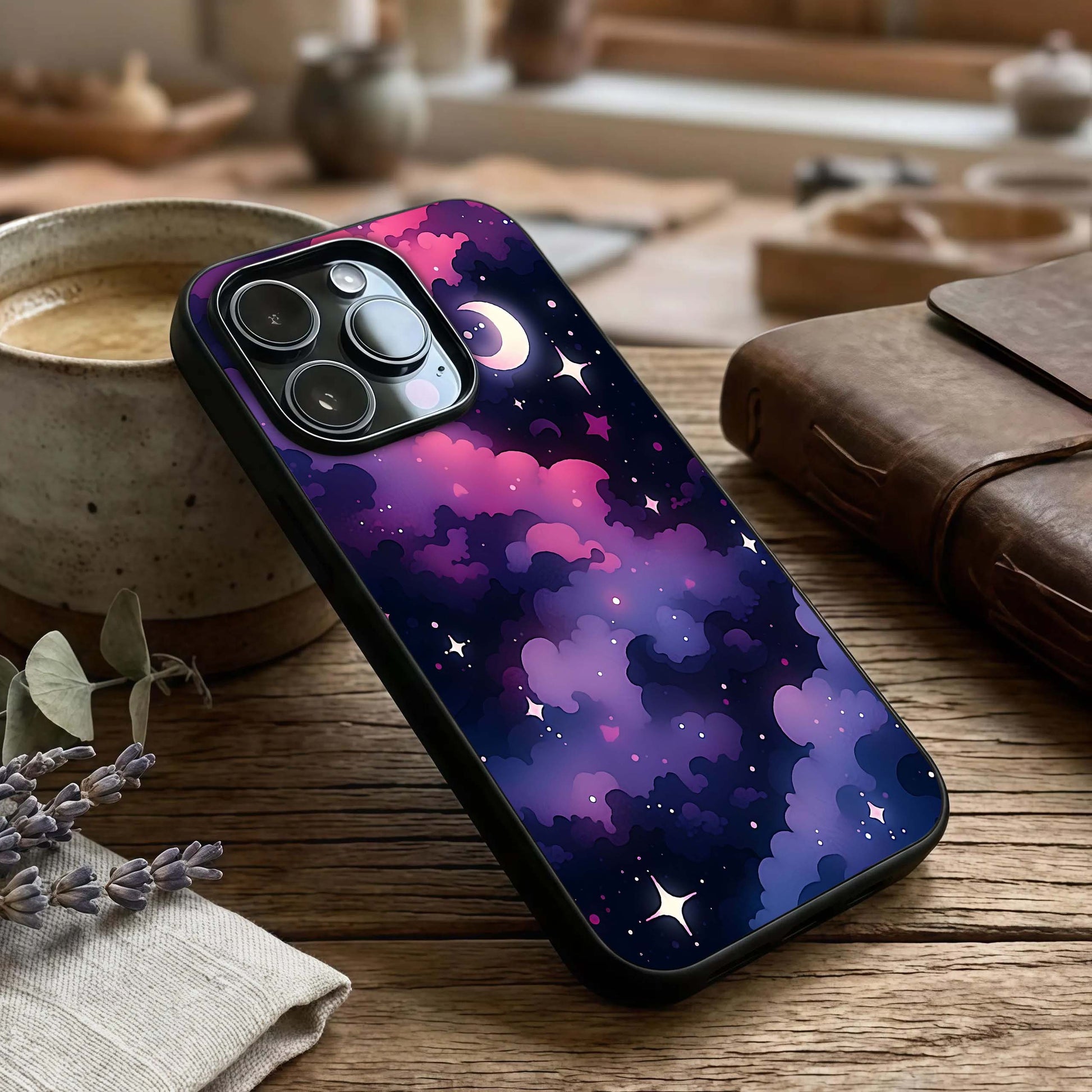 Celestial Moon Magic Glass Case captured at a warm angle highlighting glowing accents, gloss, and edge clarity.