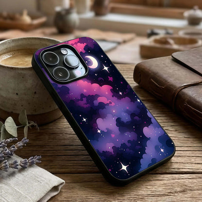 Celestial Moon Magic Glass Case captured at a warm angle highlighting glowing accents, gloss, and edge clarity.