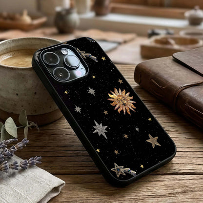 Celestial Moon With Stars Glass Case captured at a warm angle highlighting night sparkle, gloss, and edge clarity.