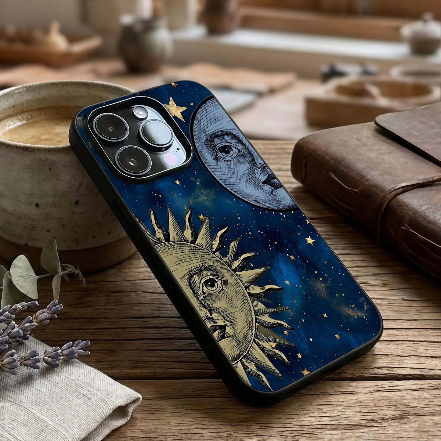 Celestial Moon With Sun Glass Case captured at a warm angle highlighting dual tones, gloss, and edge clarity.