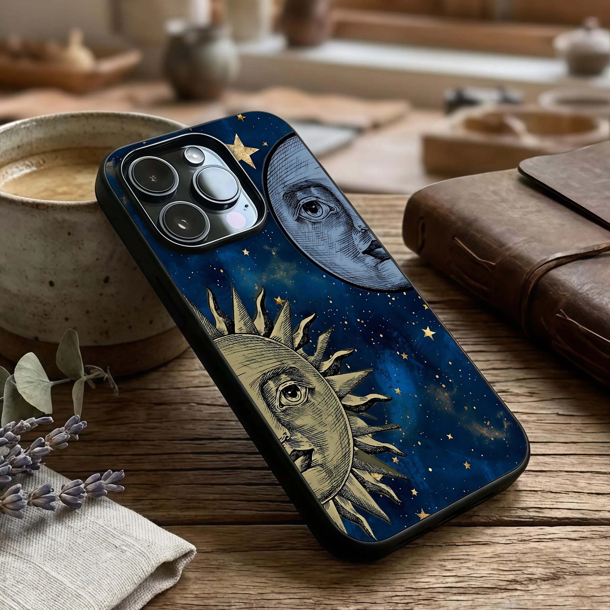 Celestial Moon With Sun Glass Case captured at a warm angle highlighting dual tones, gloss, and edge clarity.