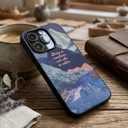 Celestial Mountain Calm Glass Case captured at a warm angle highlighting soft terrain tones, gloss, and edge clarity.
