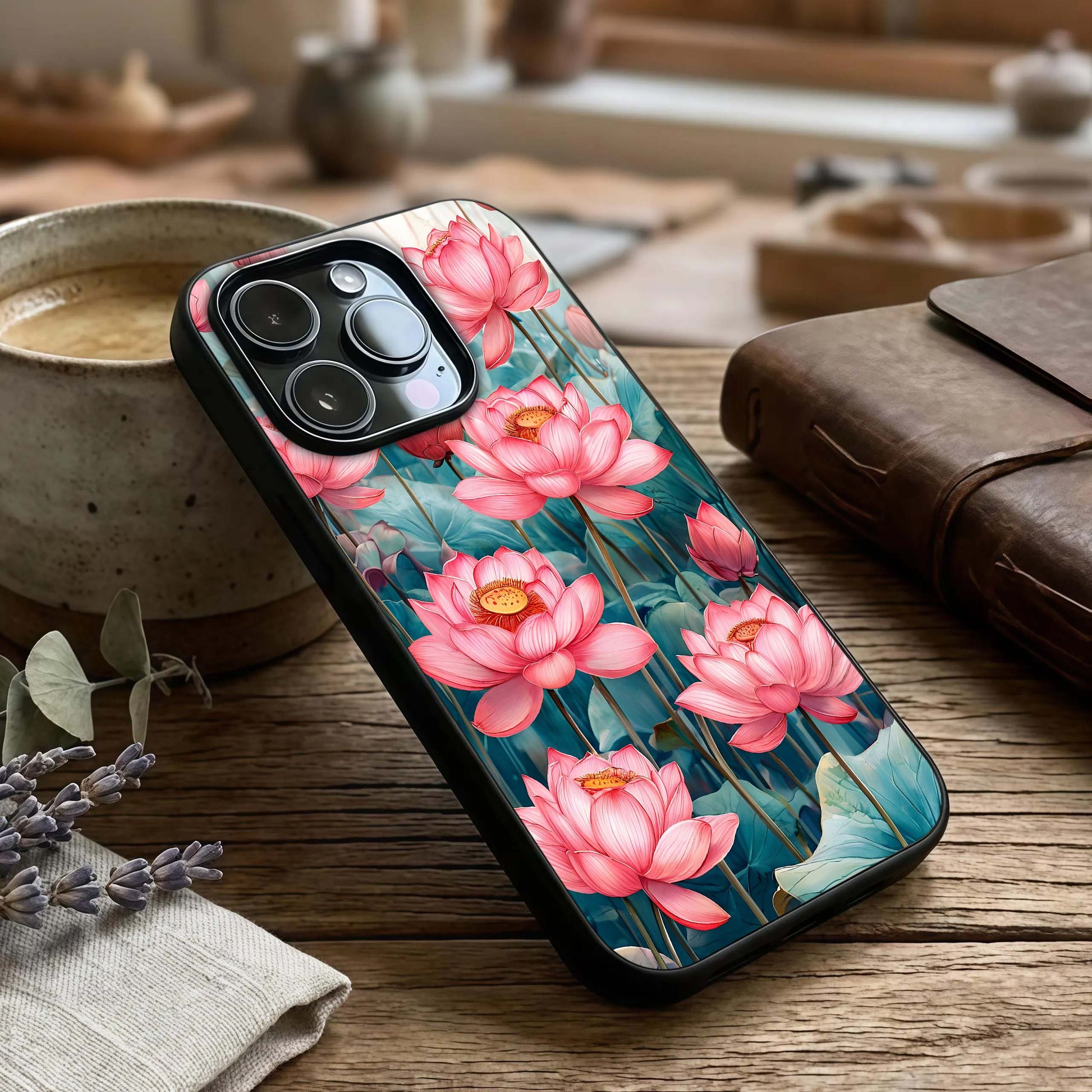Celestial Pink Lotus Glass Case captured at a warm angle highlighting soft petals, gloss, and edge clarity.