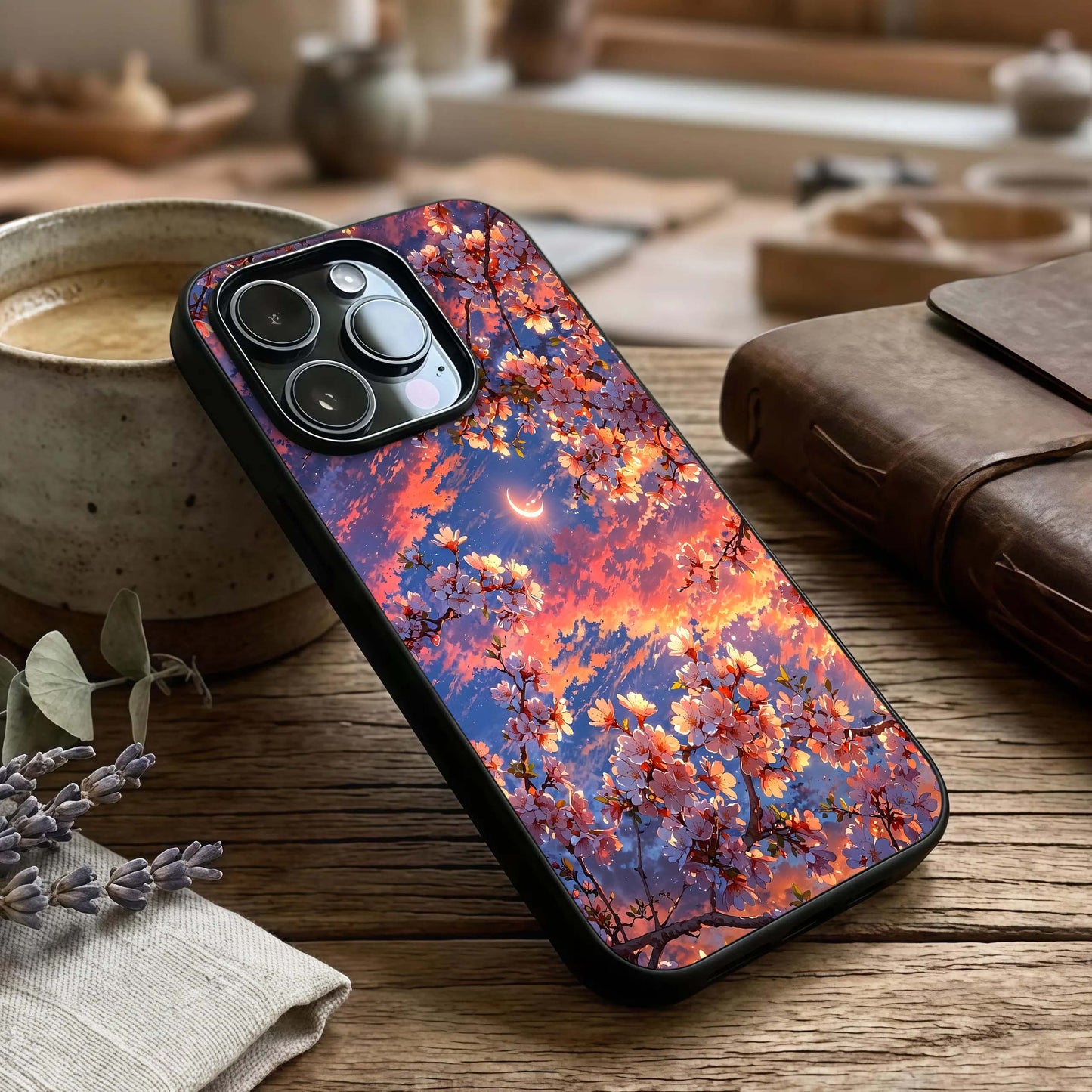 Celestial Sakura Sunset Glass Case captured at a warm angle highlighting warm gradients, gloss, and edge clarity.