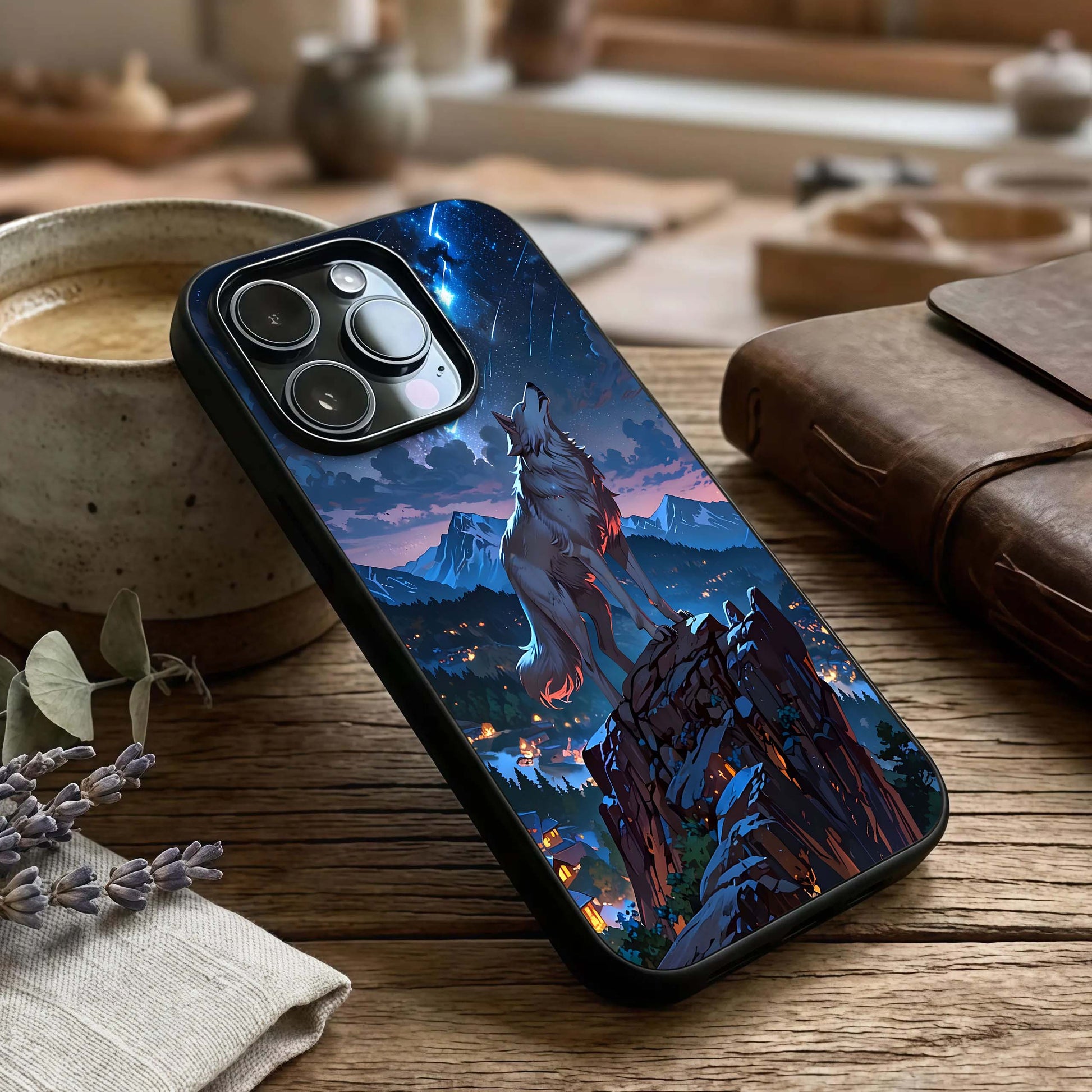 Celestial Wolf Howl Glass Case captured at a warm angle highlighting dramatic tones, gloss, and edge clarity.