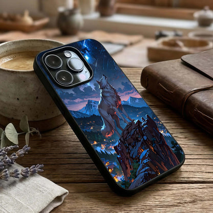 Celestial Wolf Howl Glass Case captured at a warm angle highlighting dramatic tones, gloss, and edge clarity.