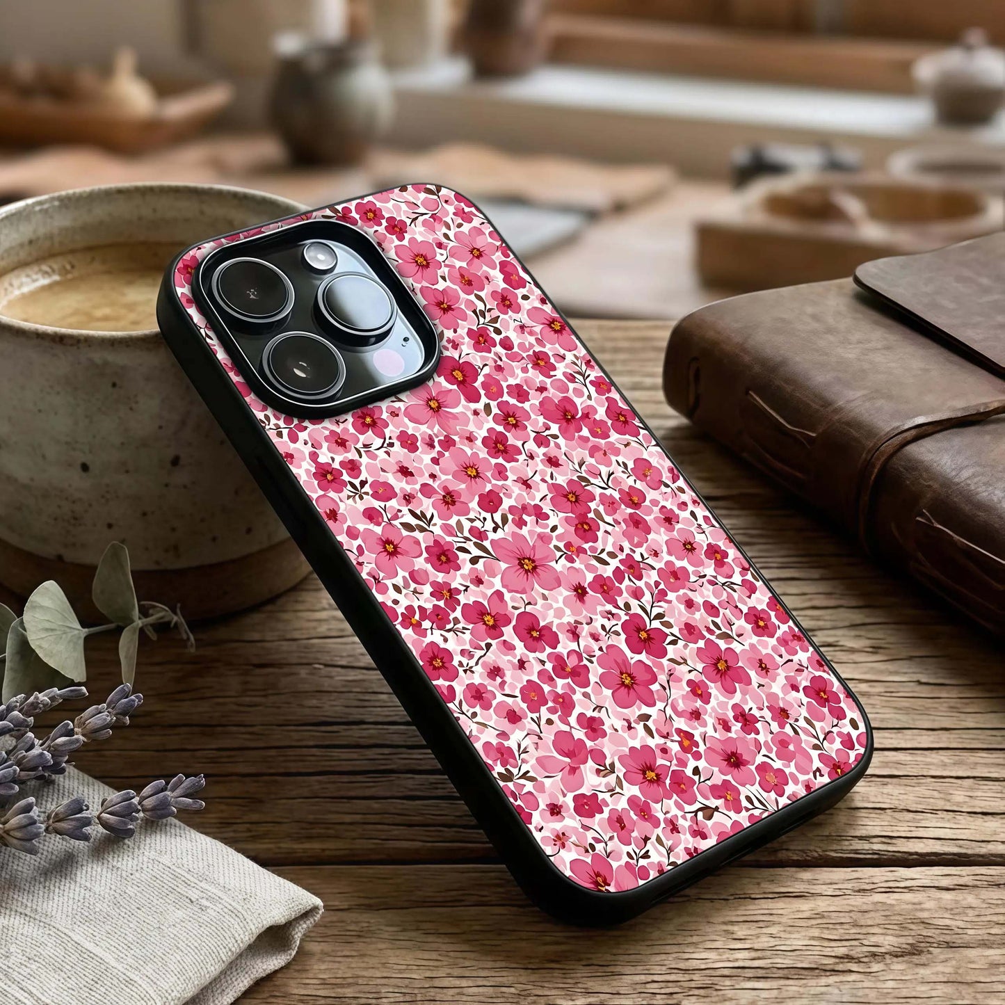 Cherry Blossom Charm Glass Case captured at a warm angle highlighting graceful petals, gloss, and edge clarity.