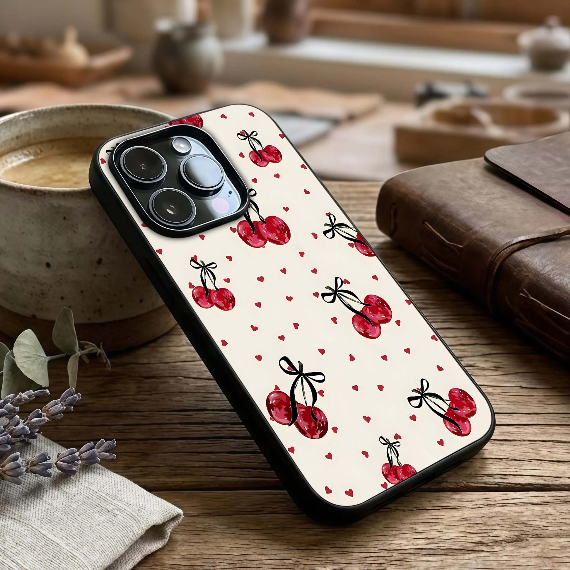 Cherry Heart Bow Glass Case captured at a warm angle highlighting playful accents, gloss, and edge clarity.