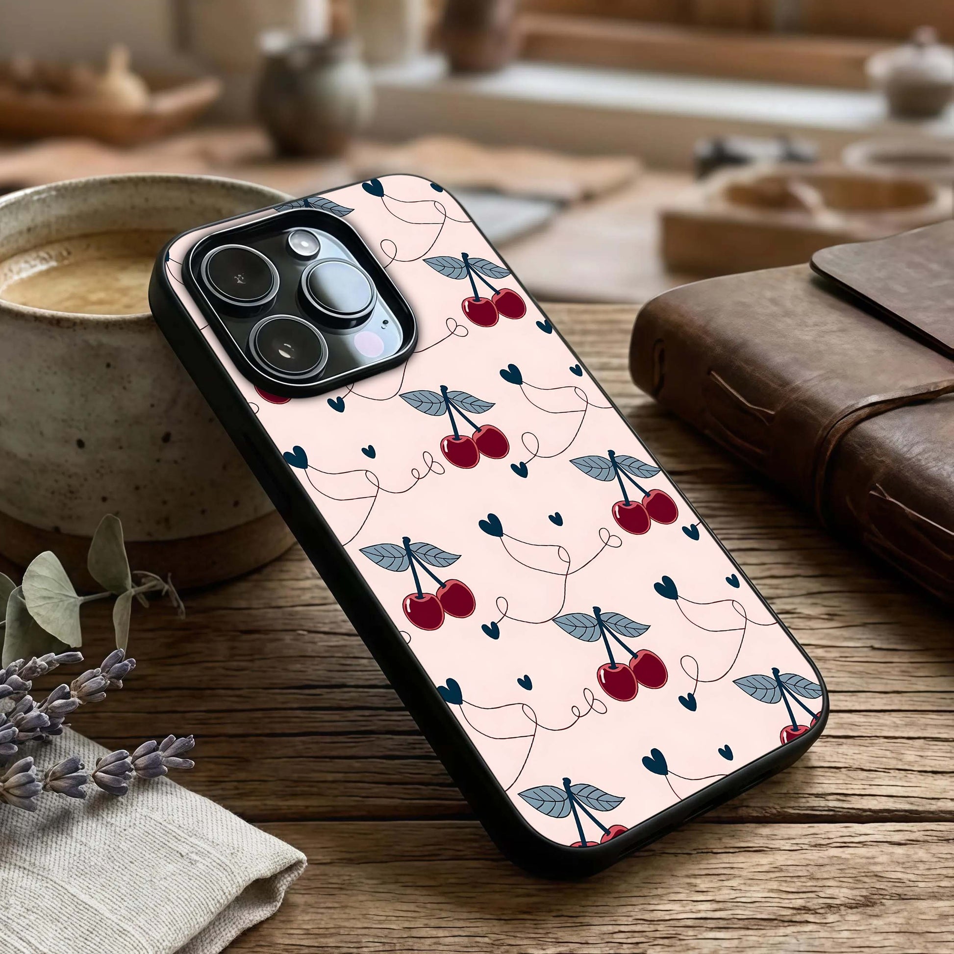 Cherry Heart Line Glass Case captured at a warm angle highlighting clean outlines, gloss, and edge clarity.