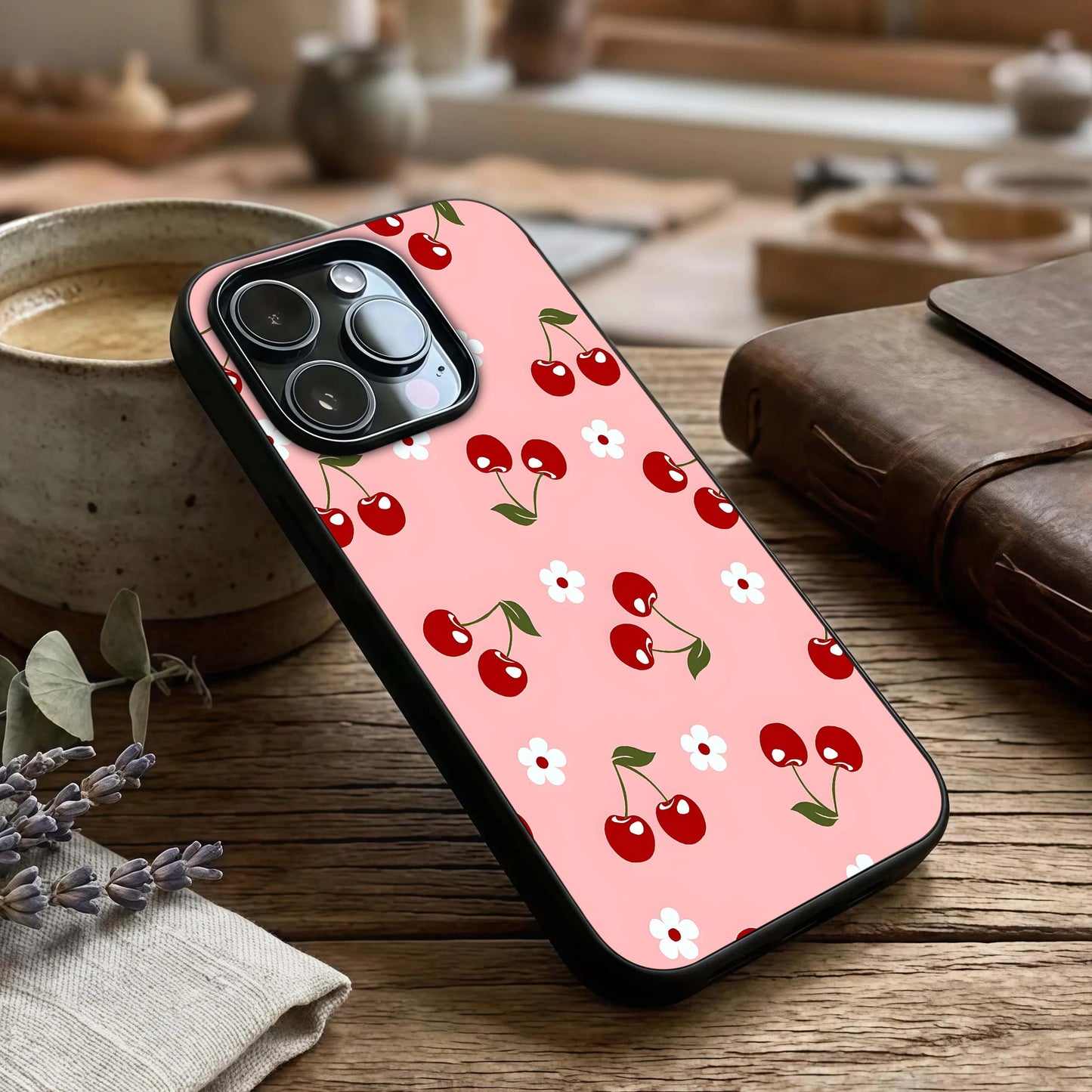 Cherry Love Mood Glass Case captured at a warm angle highlighting warm hues, gloss, and edge clarity.
