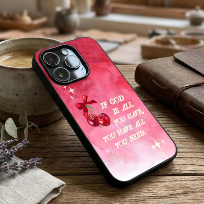 Cherry Quote Glass Case captured at a warm angle highlighting clear typography, gloss, and edge clarity.
