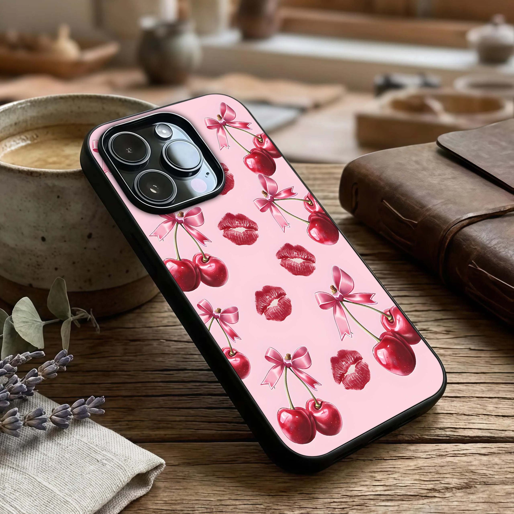 Cherry With Lips Glass Case captured at a warm angle highlighting playful contrast, gloss, and edge clarity.