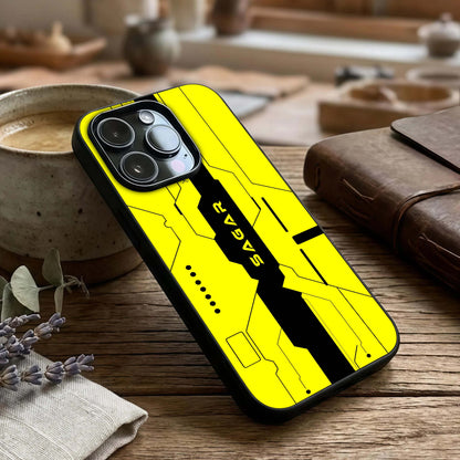 Circuit CYBERPUNK Custom Name Glass Case captured at a warm angle highlighting neon circuitry, gloss, and edge clarity.