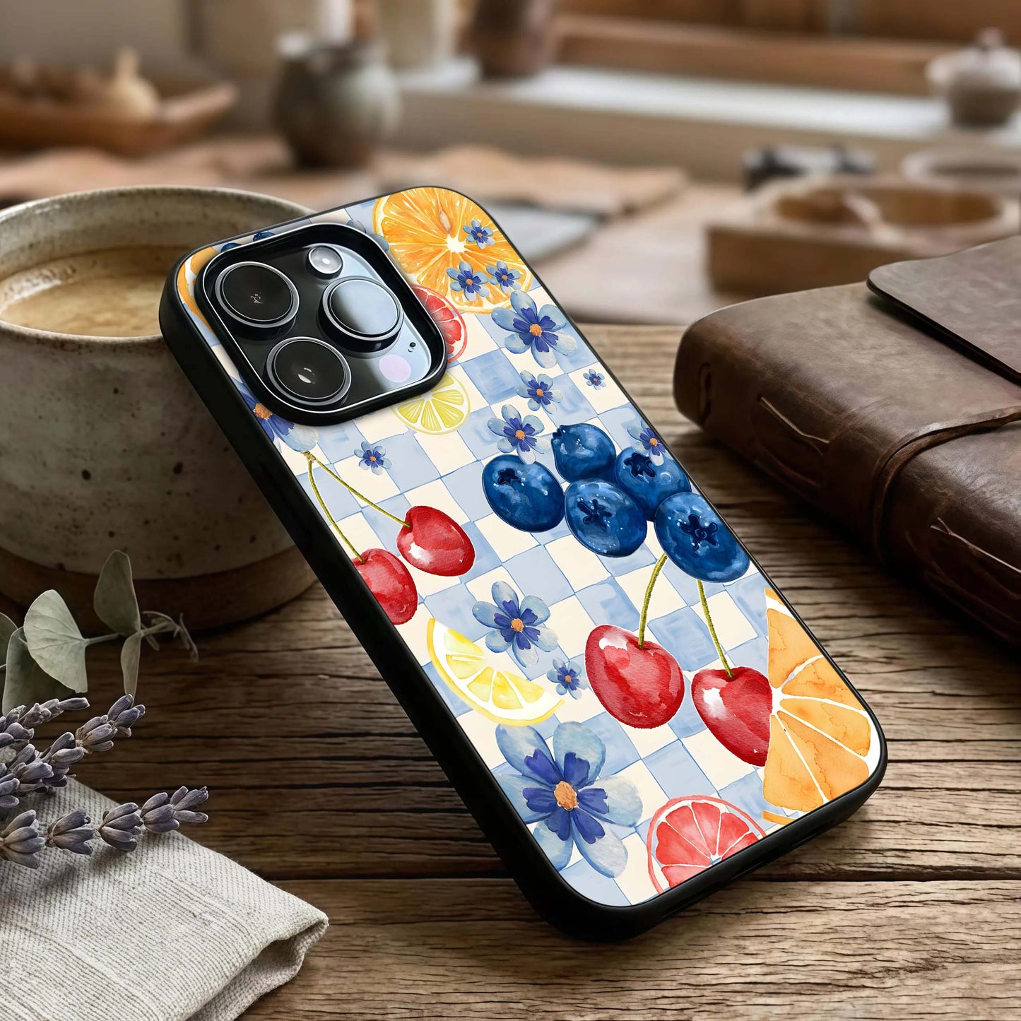 Citrus Bloom Joy Glass Case captured at a warm angle highlighting bright tones, gloss, and edge clarity.