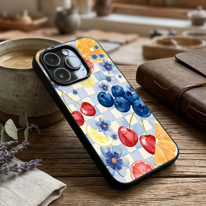 Citrus Bloom Joy Glass Case captured at a warm angle highlighting bright tones, gloss, and edge clarity.