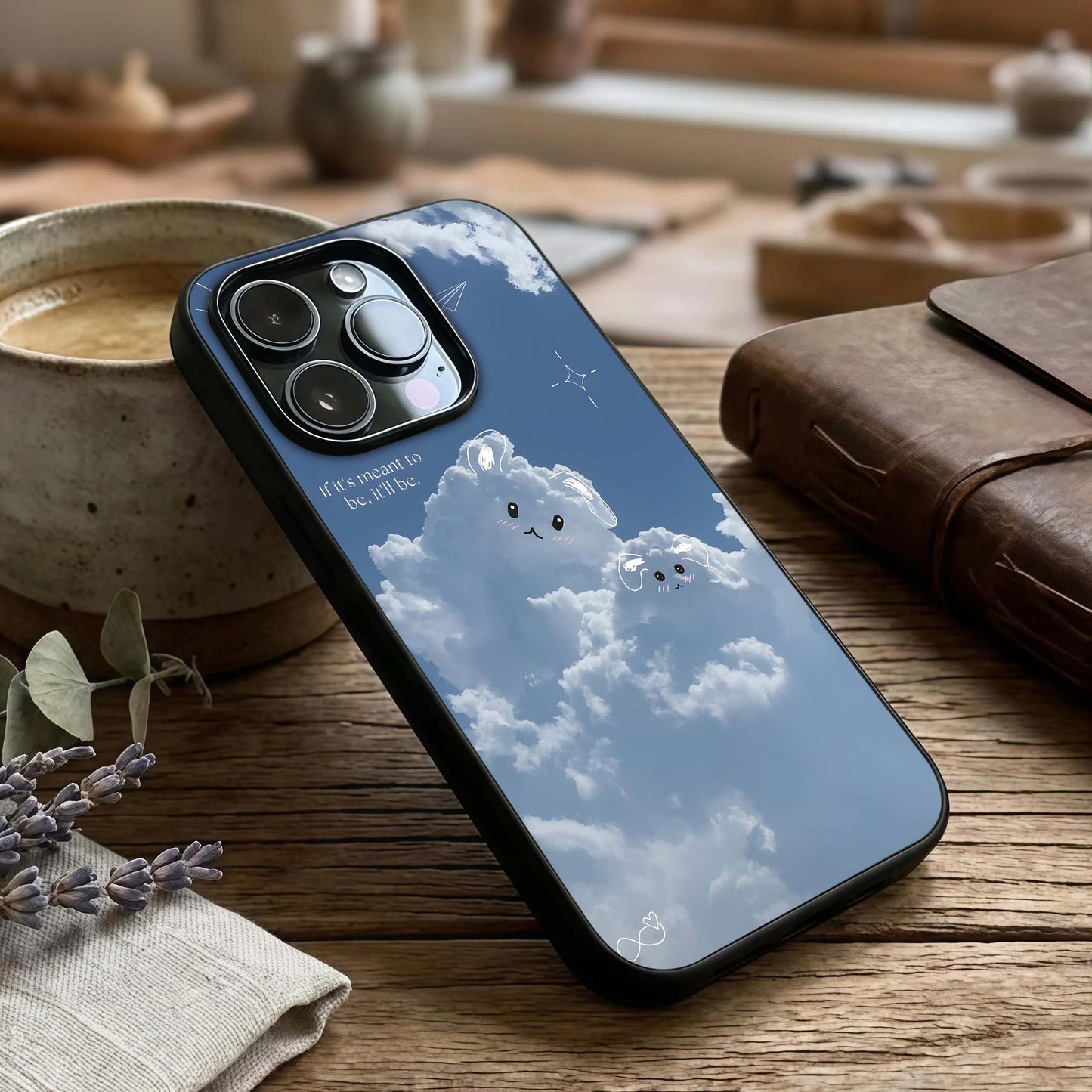 Cloud Bunny Dreams Glass Case captured at a warm angle highlighting soft pastels, gloss, and edge clarity.