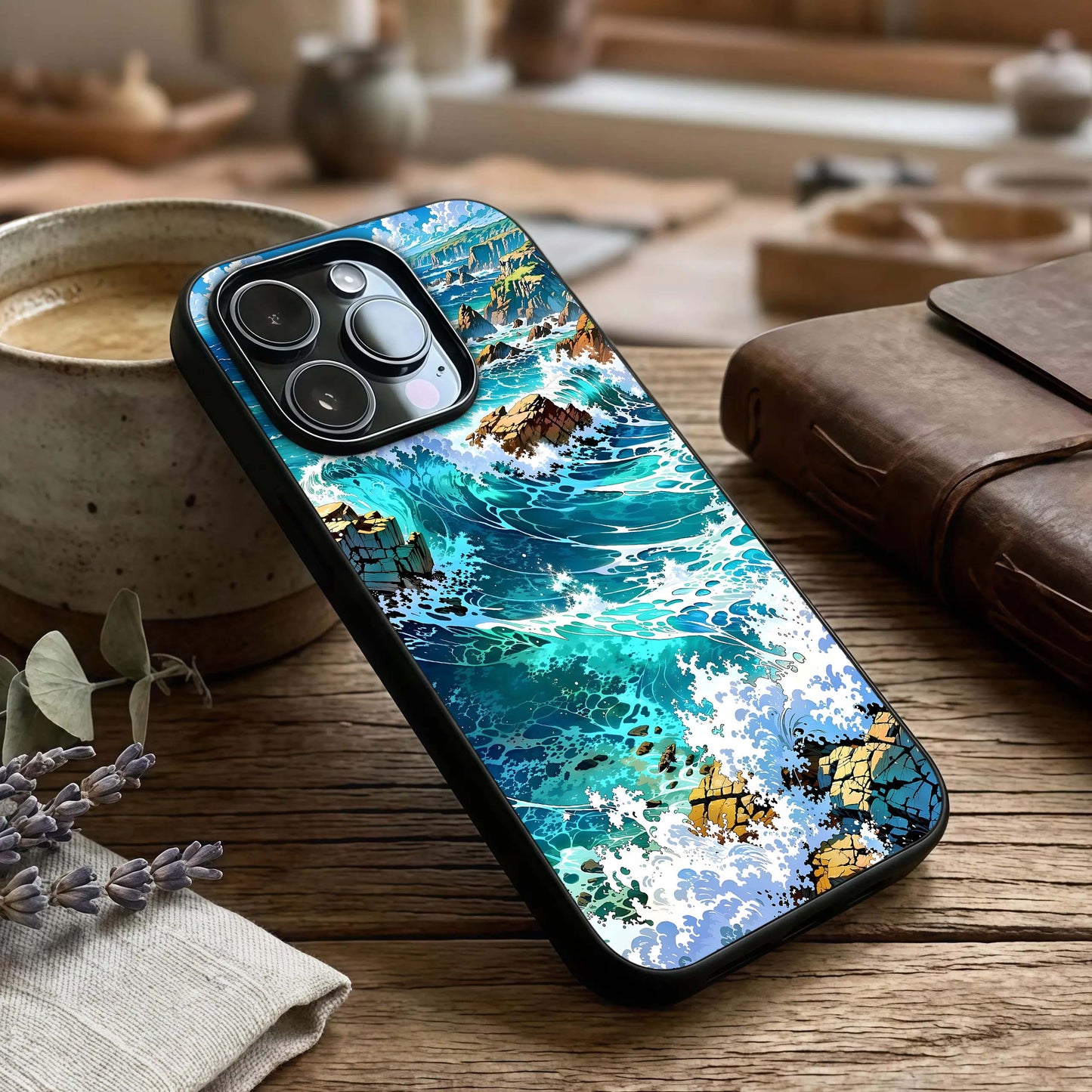 Coastal Blue Waves Glass Case captured at a warm angle highlighting fluid textures, gloss, and edge clarity.