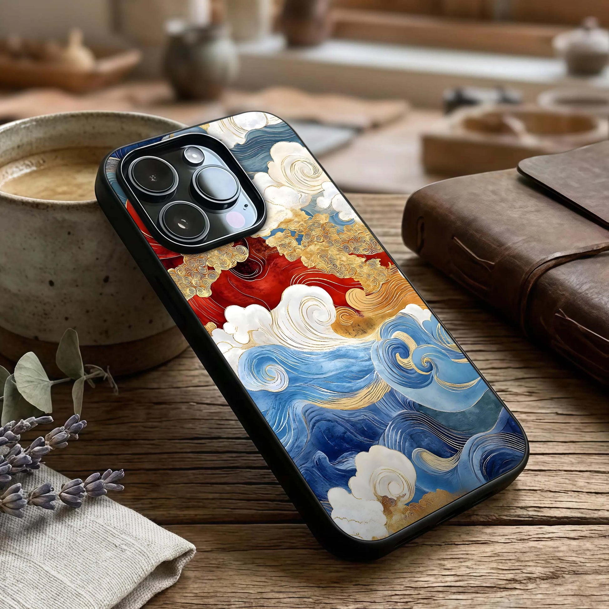 Colored Waves Glass Case captured at a warm angle highlighting smooth motion, gloss, and edge clarity.