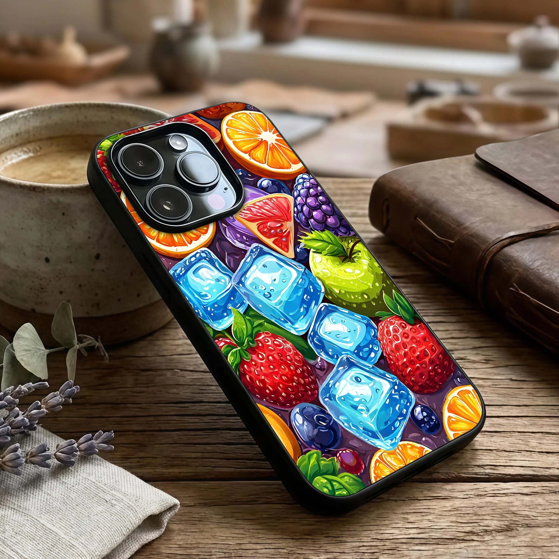 Colorful Fruits with Ice Glass Case captured at a warm angle highlighting cool tones, gloss, and edge clarity.