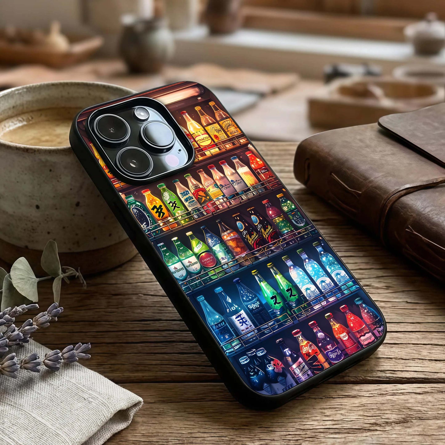 Colorful Soda Bottles Glass Case captured at a warm angle highlighting bright colors, gloss, and edge clarity.