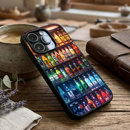 Colorful Soda Bottles Glass Case captured at a warm angle highlighting bright colors, gloss, and edge clarity.