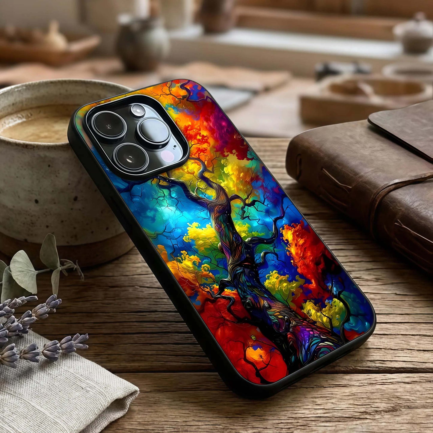 Colorful Tree Glass Case captured at a warm angle highlighting rich colors, gloss, and edge clarity.