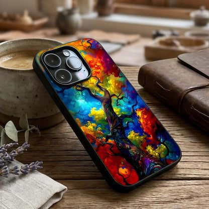 Colorful Tree Glass Case captured at a warm angle highlighting rich colors, gloss, and edge clarity.