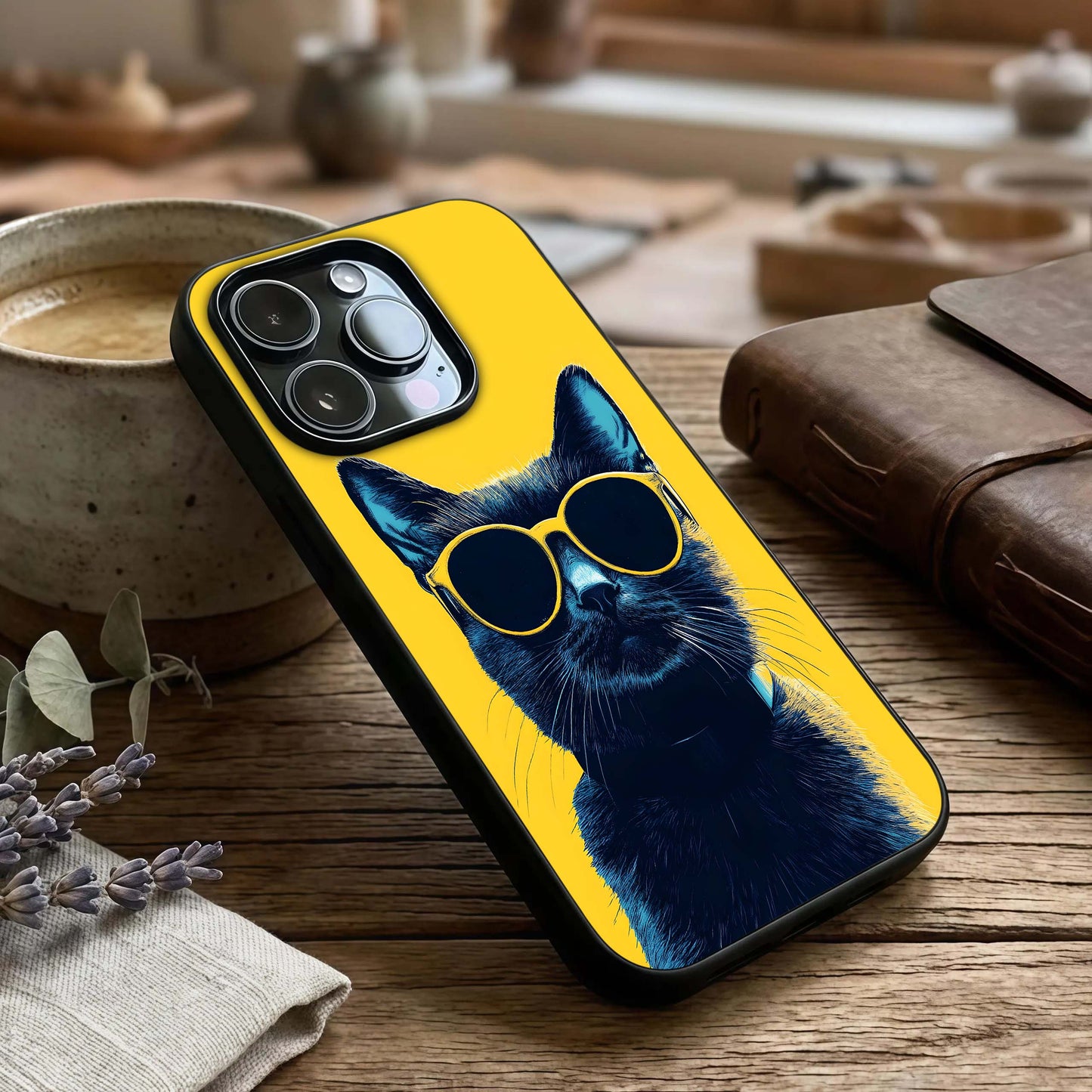 Cool Cat Vibes Glass Case captured at a warm angle highlighting smooth tones, gloss, and edge clarity.