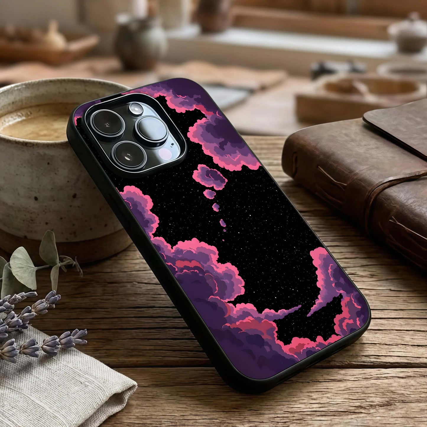 Cosmic Cloud Journey Glass Case captured at a warm angle highlighting layered clouds, gloss, and edge clarity.
