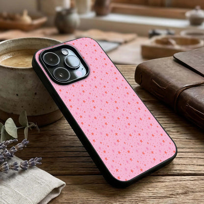 Cosmic Pink Sparkle Glass Case captured at a warm angle highlighting shimmering details, gloss, and edge clarity.